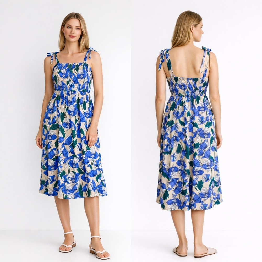 Blue Floral Linen Cotton Midi Dress Smocked Bow Victorian Feminine Heritage S